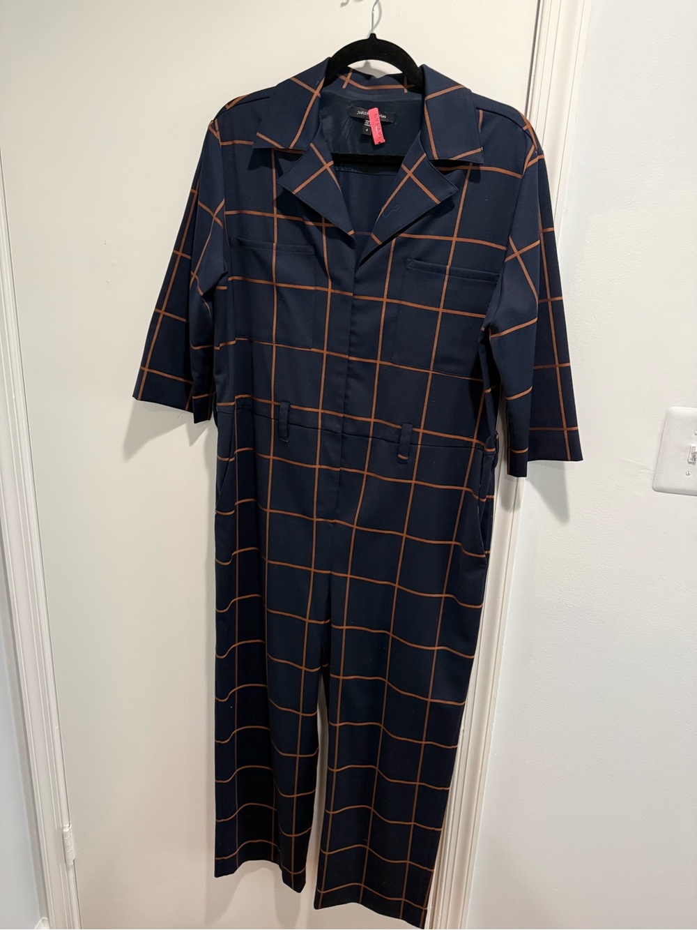 Navy Grid Ankle Jumpsuit with Rust Windowpane